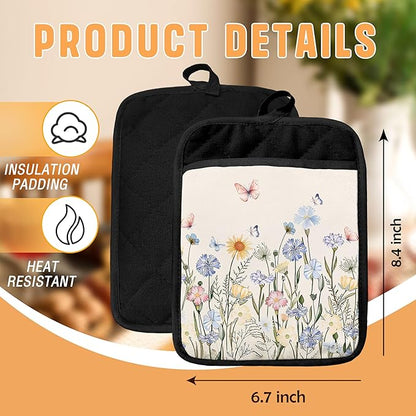 Butterfly Floral Pot Holders with Pockets, Cottagecore Wildflower Botanical Oven Pot Holders Heat Resistant Oven Mitts Hot Pads for Kitchen Baking Cooking
