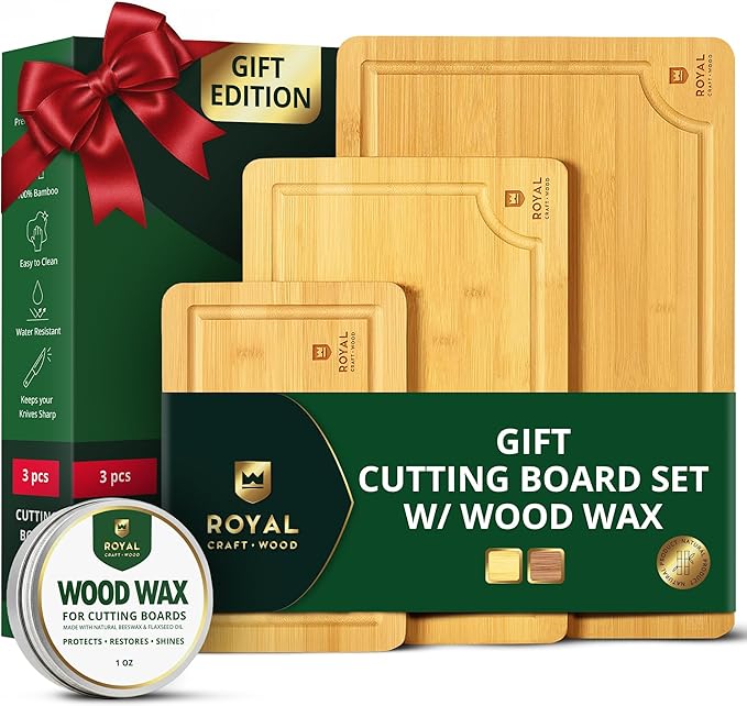 ROYAL CRAFT WOOD Wooden Cutting Boards for Kitchen Meal Prep & Serving - Bamboo Wood Serving Board Set with Deep Juice Groove Side Handles - Charcuterie & Chopping Butcher Block for Meat by RoyalCraftWood