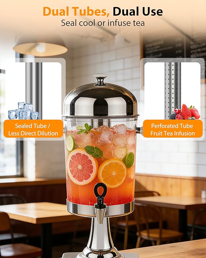 Beverage Dispenser with Stand,2 Gallon Drink Dispenser for Parties,Events,Buffet &Self-Serve,Dual Ice Tube Core Fruit Infuser,Leakproof Spigot,Clear PC Container,Stainless Steel Lid&Base - Image 5