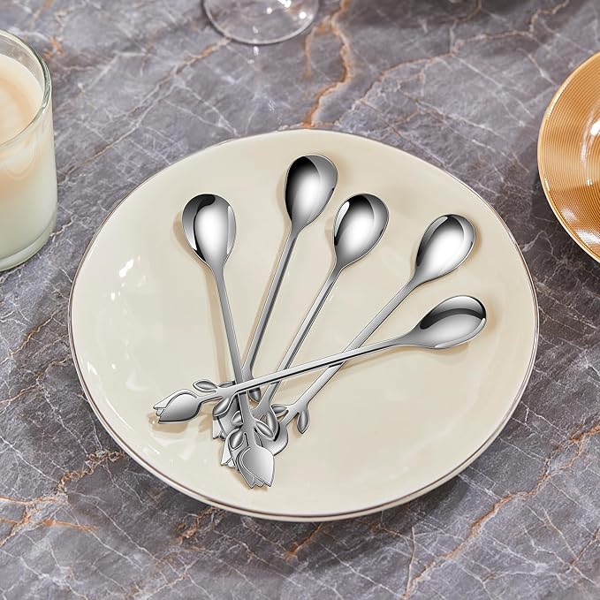Silver Tulip/Rose Handle 12-Pcs Mini Coffee Spoons Set - 6" Stainless Steel for Espresso, Tea, Dessert - Ideal for Demitasse & Small Servings - Image 8