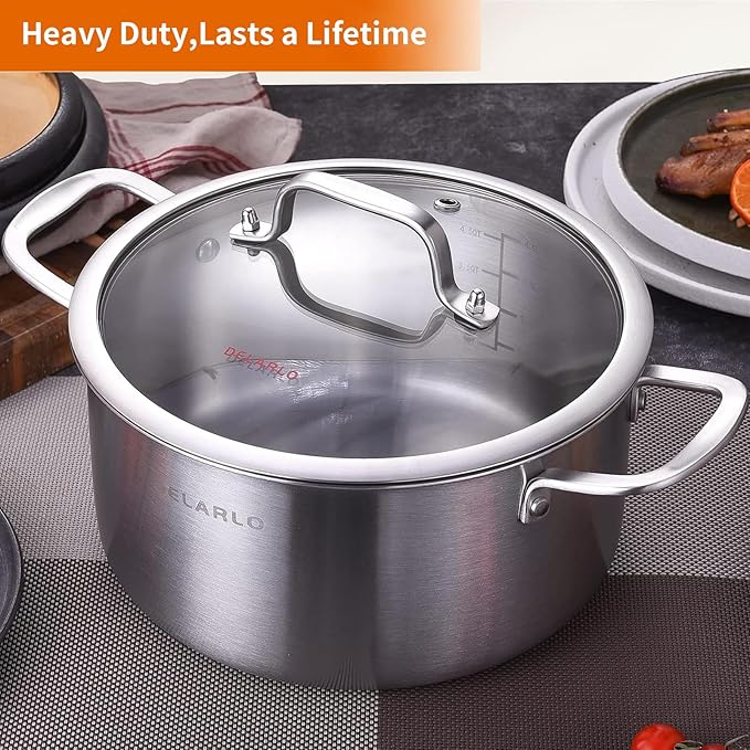 DELARLO Tri-Ply Stainless Steel Stock Pot, 5 Quart Stockpot with Lid, All Stoves Safe Up to 600℉, Saving Fuel 20%, Heavy Duty, Soup Pot with lid, Kitchen Essentials, Fast Even Heat - Image 5