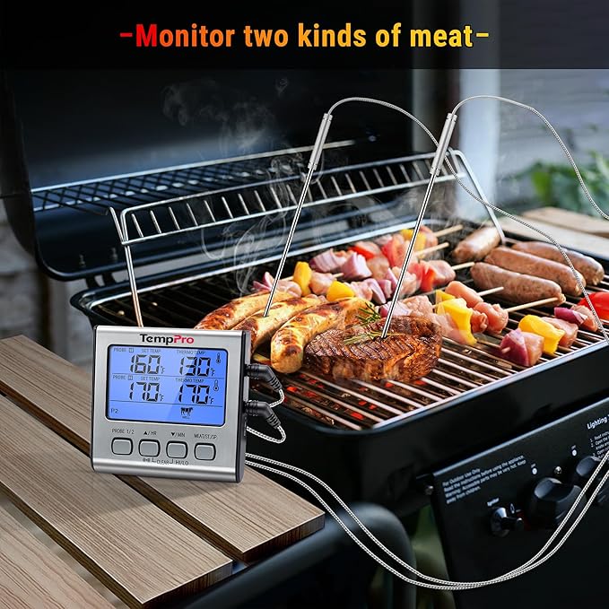 TempPro TP17 Dual Probe Digital Cooking Meat Thermometer Large LCD Backlight Food Grill Thermometer with Timer Mode for Smoker Kitchen Oven BBQ, Silver (Previously ThermoPro) - Image 2