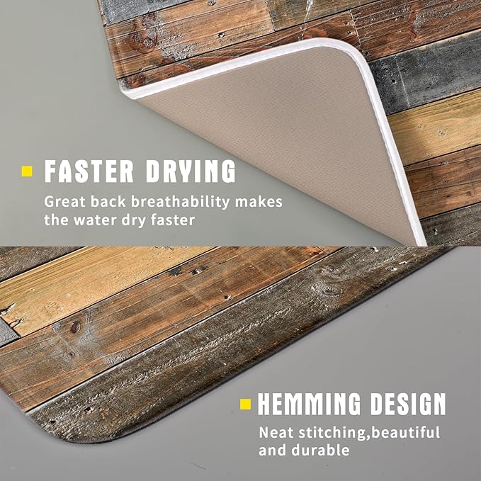 Giwawa Wood Grain Dish Drying Mat for Kitchen Countertop, Rustic Wooden Board Dish Drainer Mats, Vintage Country Style Barnwood Absorbent Reversible Microfiber Dish Drying Pad, 16x18 inches