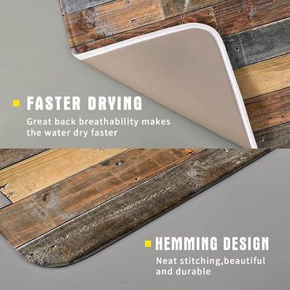 Giwawa Wood Grain Dish Drying Mat for Kitchen Countertop, Rustic Wooden Board Dish Drainer Mats, Vintage Country Style Barnwood Absorbent Reversible Microfiber Dish Drying Pad, 16x18 inches