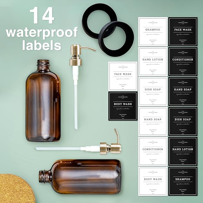 Vine Creations Amber Glass Soap Dispenser, 2 Pack Kitchen Soap Dispenser Set with Stainless Steel Pump, 16 oz Dish Soap and Hand Soap Dispensers for Bathroom with Waterproof Labels and Protective Pads - Image 5