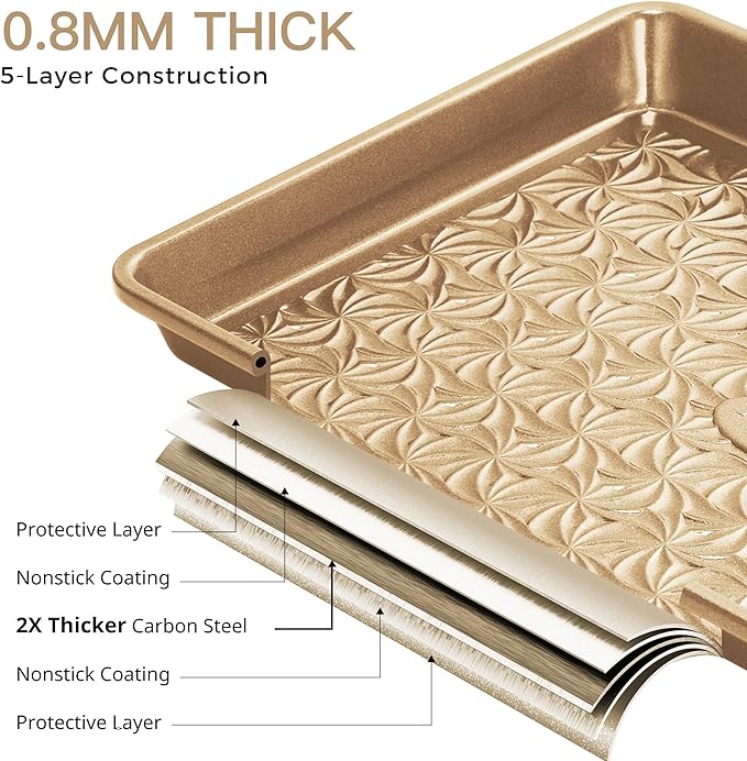 HONGBAKE Nonstick Baking Sheet Pan Set of 3, Cookie Sheets for Oven, Non-Toxic Half/Quarter/Jelly Roll Pans with Floral Swirl Texture, Heavy Duty 0.8mm Thick Oven Trays for Cooking, Antique Gold - Image 7