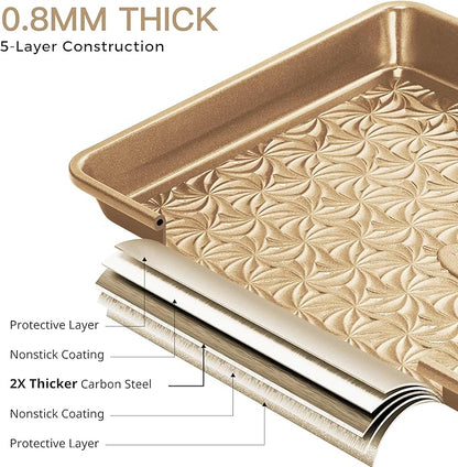 HONGBAKE Nonstick Baking Sheet Pan Set of 3, Cookie Sheets for Oven, Non-Toxic Half/Quarter/Jelly Roll Pans with Floral Swirl Texture, Heavy Duty 0.8mm Thick Oven Trays for Cooking, Antique Gold - Image 7