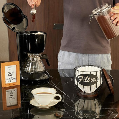 Yangbaga Coffee Filter Holder with Wood Lid,Wood and Metal Coffee Filter Storage Container Basket for Coffee Filters 2-4 Cup,Round Coffee Filter Holder Case for Counter,Coffee Bar Accessories decor - Image 5