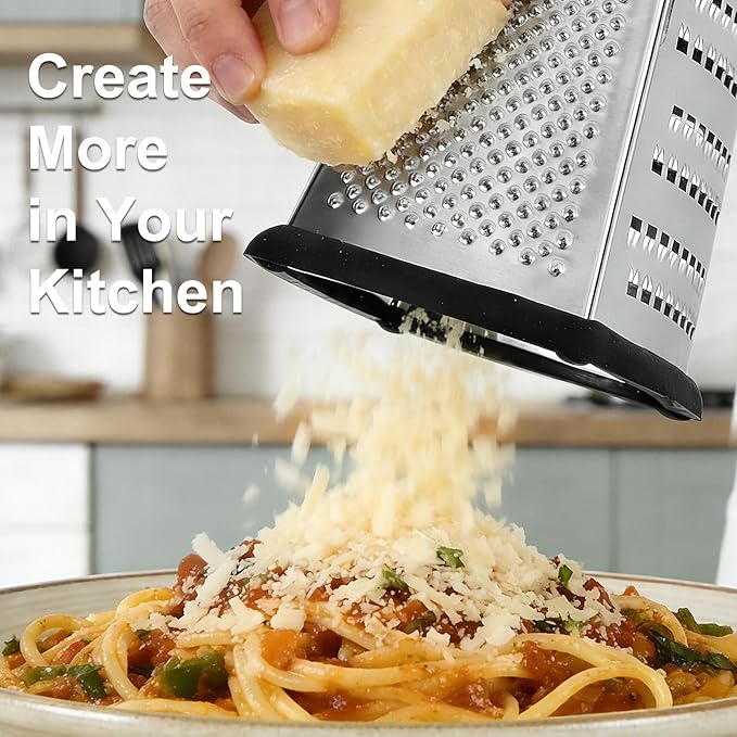 Ourokhome Cheese Grater, Handheld Box Grater with Container & Lid, 4-Sided Stainless Steel for Kitchen, Wavy Julienne, Slicer, Coarse Shred & Fine Zester, Non-Slip Base, Dishwasher Safe, 8 Inch - Image 6
