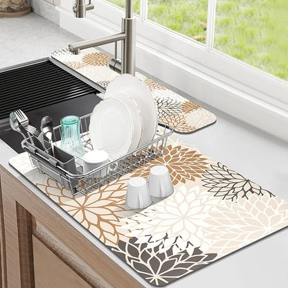 Findosom 2PCS 12" x 20" Dish Drying Mat & 24" x 5.5" Sink Splash Guard, Super Absorbent & Cuttable Dish Mat Drying Kitchen Mat with Brown Floral, Hide Stain Drying Mat for Kitchen Counter by Findosom