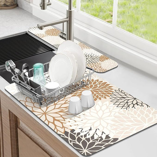 Findosom 2PCS 12" x 20" Dish Drying Mat & 24" x 5.5" Sink Splash Guard, Super Absorbent & Cuttable Dish Mat Drying Kitchen Mat with Brown Floral, Hide Stain Drying Mat for Kitchen Counter by Findosom