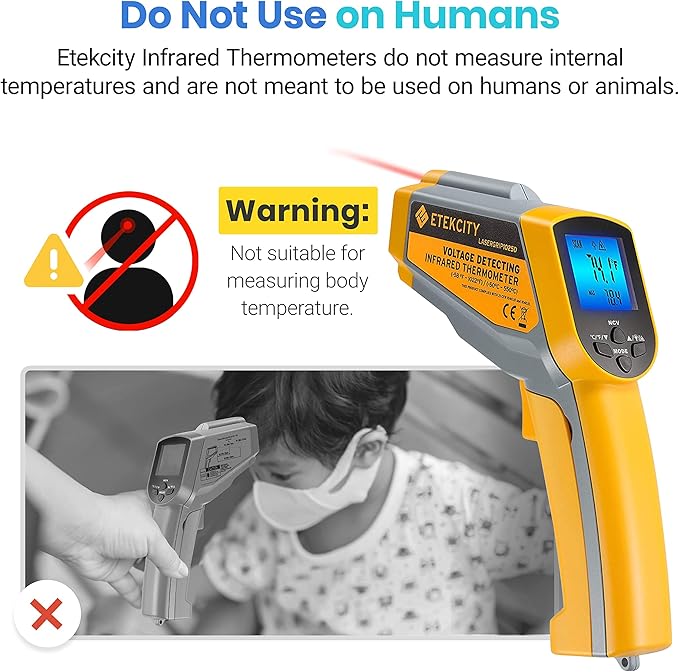 Etekcity Infrared Thermometer 1025D (Not for Human) Dual Laser Temperature Gun-58℉~1022℉ (-50℃~550℃) with Adjustable Emissivity, Non-Contact Voltage Tester (NCV), Standard Size, Yellow & Gray - Image 9