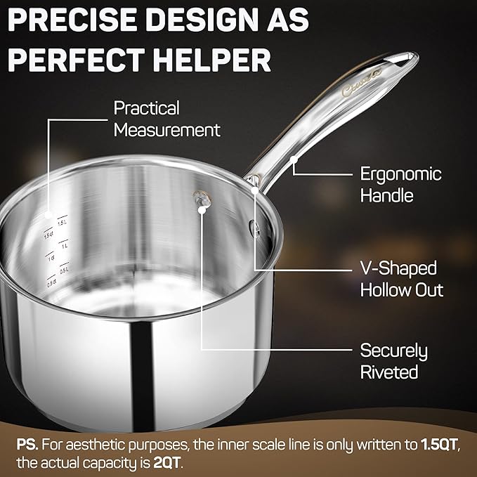 Ciwete 2 Quart Sauce Pan with Lid, Tri Ply Stainless Steel Saucepan 2 Qt with Stainless Steel Lid, 2 Measuring Lines, Upgraded Packaging, Cool Ergonomic Handle, Dishwasher & Oven Safe - Image 4
