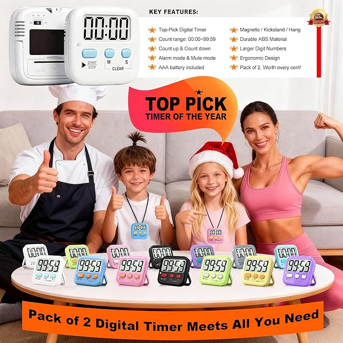 Antonki 2 Pack Digital Timer for Kids, Magnetic Countdown Kitchen Timers for Cooking, Egg, Classroom, Teacher, Exercise, Study, Oven - Battery Included - Image 8