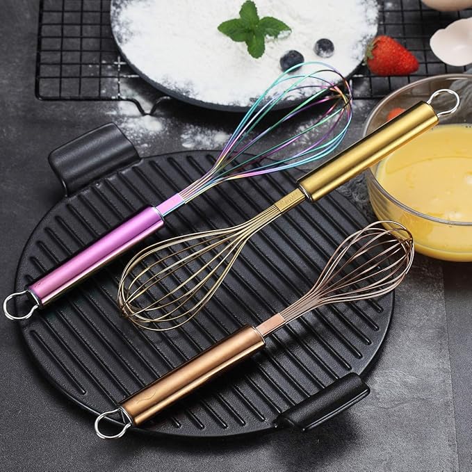 Berglander Colorful Whisks Set - Stainless Steel 8" Gold, 10" Rose Gold, 12" Rainbow Wire Whisks for Cooking - Image 3
