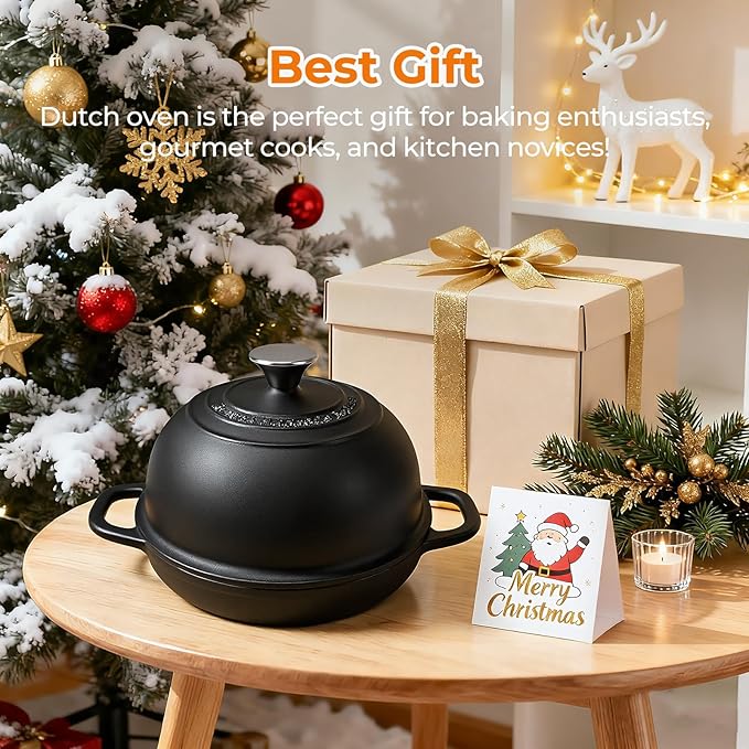 5QT Pre-Seasoned Cast Iron Dutch Oven For Bread Baking, Dutch Oven with Domed Lid, Sourdough Bread Baking Supplies, Multi-Functional Bread Pan For Baking, Frying, Roasting - Image 6