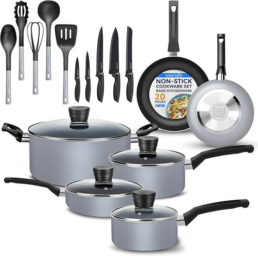 SereneLife Kitchenware Pots & Pans, Basic Kitchen Cookware Set, Black Non-Stick Coating Inside, Heat Resistant Lacquer (20-Piece Set), One Size, Gray by SereneLife