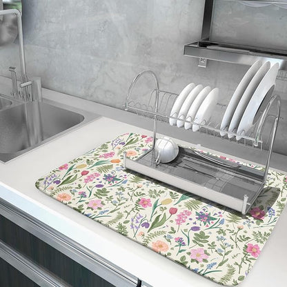 Spring Floral Dish Drying Mat for Kitchen Counter 18x24 Pink Sage Green Flower Vintage Botanical Print Absorbent Reversible Microfiber Drying Mats Kitchen Countertop Protector Dishes Drainer Rack Pad - Image 5