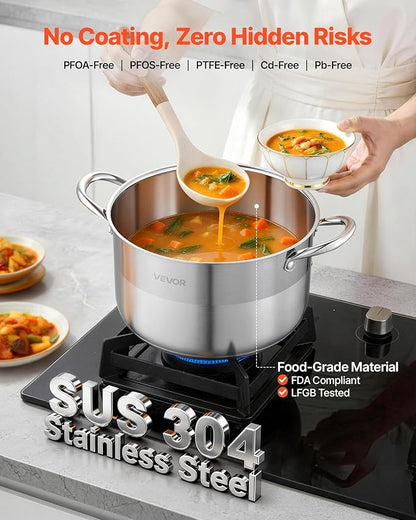 VEVOR Stainless Steel Stock Pot, 8QT Stainless Steel Stockpot with Glass Lid, PFOA-Free, PFAS-Free, Compatible with Gas Stoves, Induction Cooktops, Electric Stoves, for Soups, Stews, and Pasta - Image 2