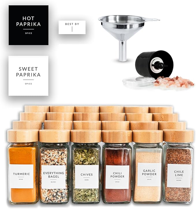 SAVVY & SORTED Glass Spice Jars with Label, 24PK Bamboo Jar Spices Set 4oz, 374 Spice Labels, Pepper Grinder, Empty Herb Seasoning Containers, Funnel and Shaker Lids - Image 3