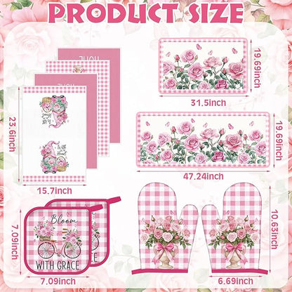 Fourluoo 10 Pcs Pink Rose Kitchen Decor Set Towels and Rugs Oven Mitts and Pot Holders Farmhouse Spring Kitchen Decor Set for Women Mom Gift Cooking Baking Grilling