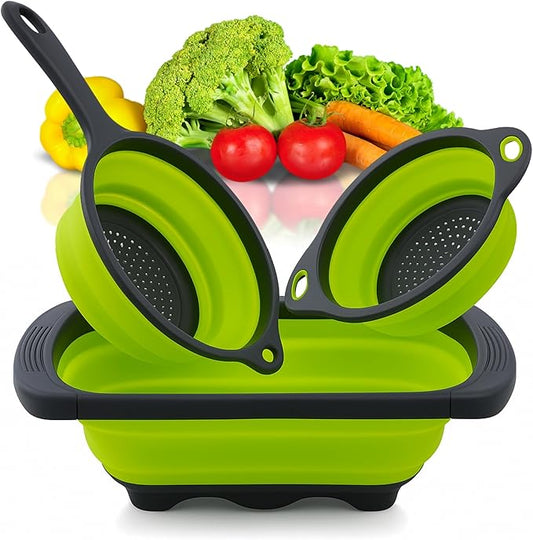 3PCS Green Foldable Kitchen Strainer Set – Silicone Colander Collapsible Strainers and Colanders Green Collander for Kitchen Collapsible Compact Drain Tools for Cooking Prep