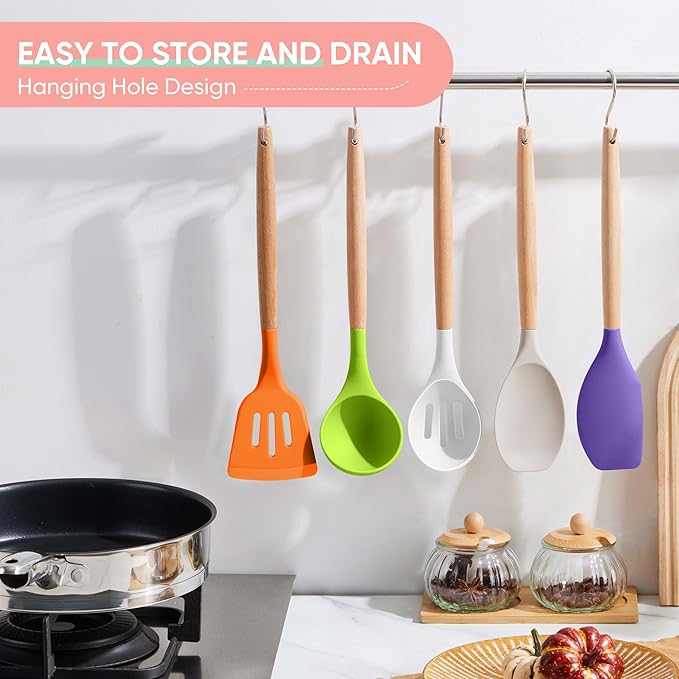 Herogo 5-Piece Cooking Utensils Set, Silicone Kitchen Utensils Set with Wooden Handle, Heat Resistant Cooking Tools Slotted Turner, Spoon, Soup Ladle, Spatula, Spoonula for Nonstick Cookware, Colorful - Image 6