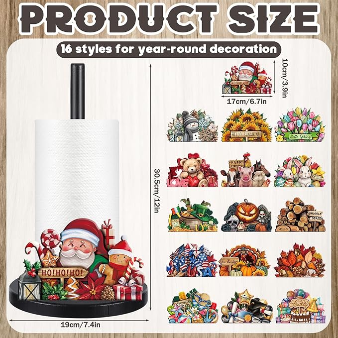 LemonRoad 17 Pcs Memorial Day Holiday Interchangeable Kitchen Paper Towel Holder Wooden Sunflower 4th of July Seasonal Countertop Paper Towel Holder with Holiday Sign for Home Bathroom(Fresh) - Image 2