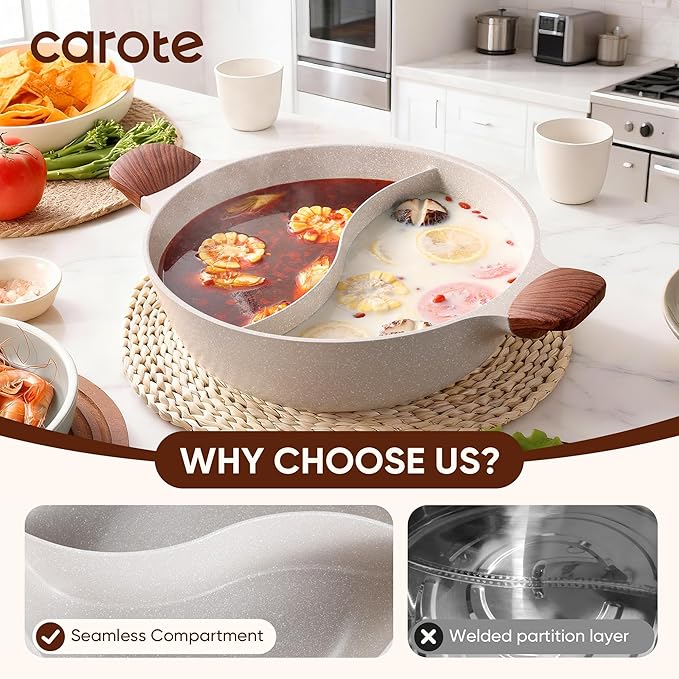 CAROTE Hot Pot with Divider Double Flavor Divided Stockpot with Glass Lid, Dual Sided Nonstick Stock Pot, Shabu Shabu Pots, Cookware for Induction Cooktop Gas Stove, 4.5-QT - Image 6