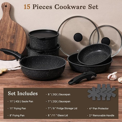 SODAY 15Pcs Pots and Pans Set Non Stick, Cookware Sets with Detachable Handle, Nonstick RV Kitchen Cooking Tools Removable Handles, Oven Safe, Induction Fast, Stackable Induction Cookware,Black