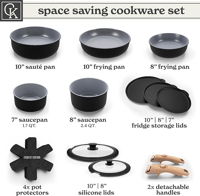 Country Kitchen Cookware Set with Removable Handle, Oven & RV Safe Pots and Pans Set, Black/Grey Wood Handle, Original - Image 3