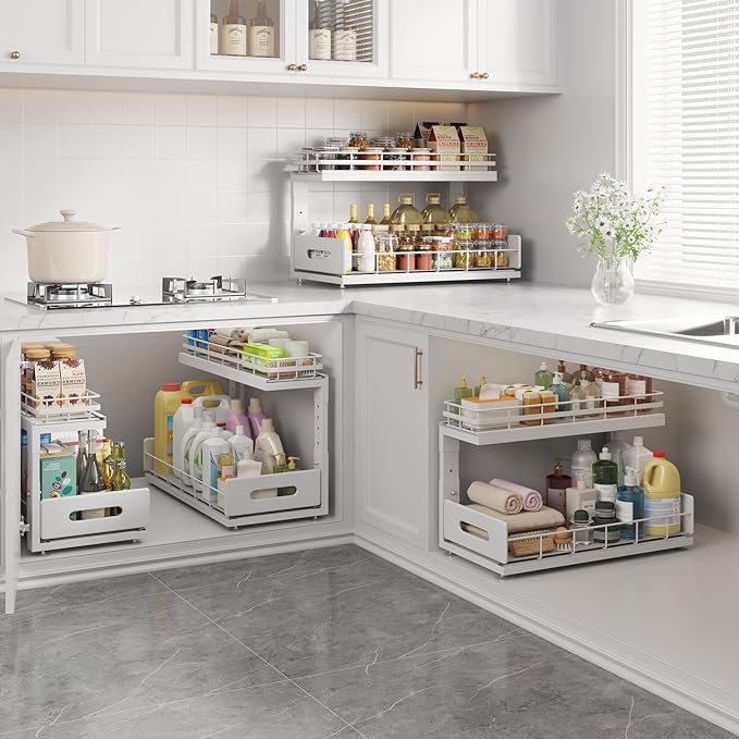 Under Sink Organizer Upgrade To Professional Rails,2-Tier Dual Pull Out Cabinet Storage,Height Adjustable Slide Out Drawers For Bathroom Kitchen,2 Pack-18.5"Dx12.8"-16.9"H,White - Image 7