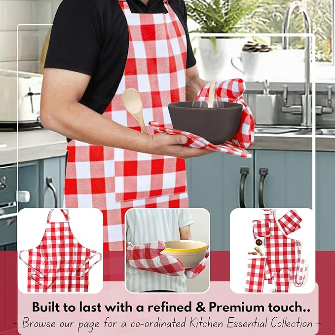 Native Fab Buffalo Plaid Check Oven Mitts and Pot Holders Set of 4, 100% Cotton Heat Resistant Kitchen Gloves, 2 Oven Mitts (7x13), 2 Pot Holders (8x8) for Cooking & Baking, Red White - Image 5