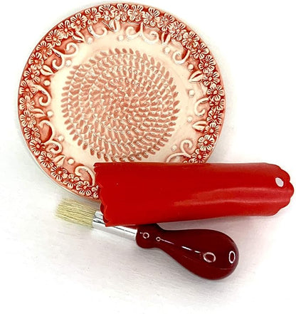 BonCera, All-in-one Premium Ceramic Garlic Grater Plate 4-Piece Set - Red Embossed Design and Style - For Garlic, Ginger, Chocolate, and more! - Comes with 5.25" Plate, Peeler, Brush, and Stand