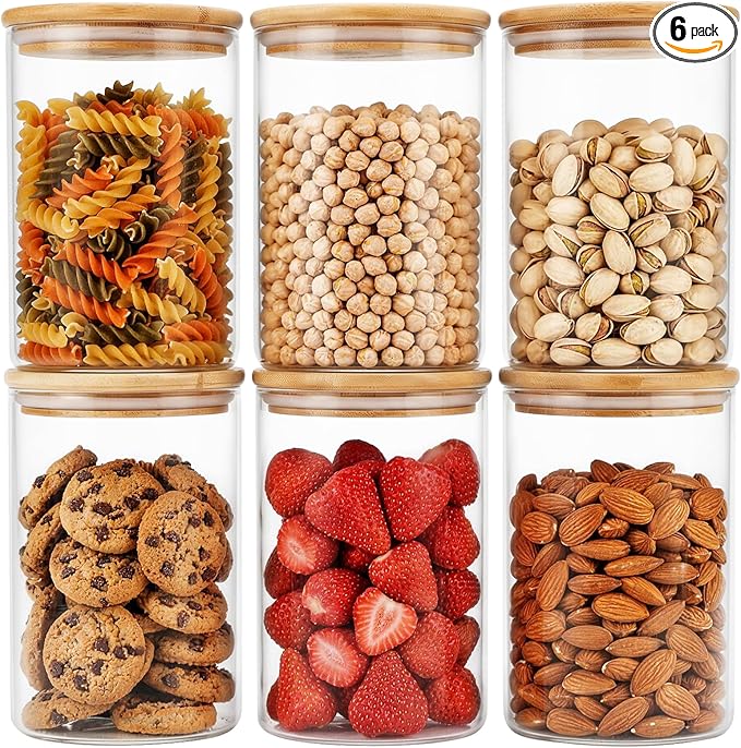 Moretoes 6 Pack 1qt Glass Storage Containers with Bamboo Lids, Airtight Pantry Storage Jars for Flour, Sugar, Dry Goods