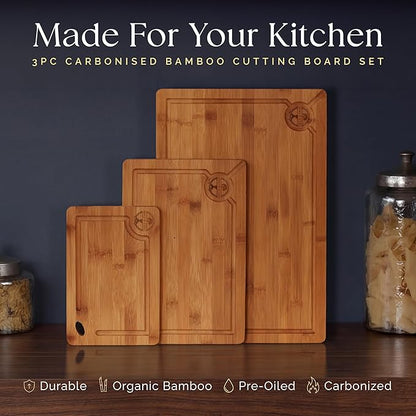Pre-Oiled, Non Toxic 3-Piece Carbonized Bamboo Cutting Board Set, Eco-Friendly Wooden Chopping Boards for Kitchen with Hanging Hole, 500°F Carbonized Technology Charcuterie Serving Boards Deer & Oak