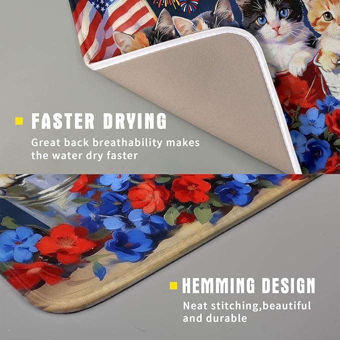 4th of July Dish Drying Mat Patriotic Cats Dish Drying Rack Mat for Kitchen Counter Small - Image 3