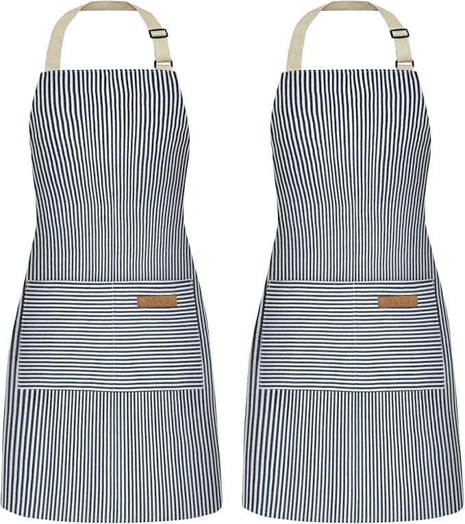 NLUS 2 Pack Cooking Aprons for Women with Pockets, Adjustable Kitchen Bib Aprons Chef Aprons for Women Men(Blue Pinstripes) by NLUS