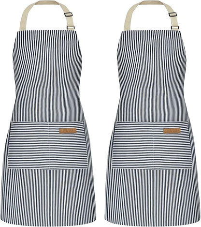 NLUS 2 Pack Cooking Aprons for Women with Pockets, Adjustable Kitchen Bib Aprons Chef Aprons for Women Men(Blue Pinstripes) by NLUS
