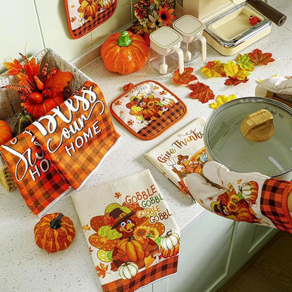 Fanfanwin 10 Pcs Fall Thanksgiving Turkey Kitchen Decor Set Kitchen Towels Pot Holders Oven Mitts and Rugs Set Thanksgiving Towels for Baking Cooking BBQ Autumn Home