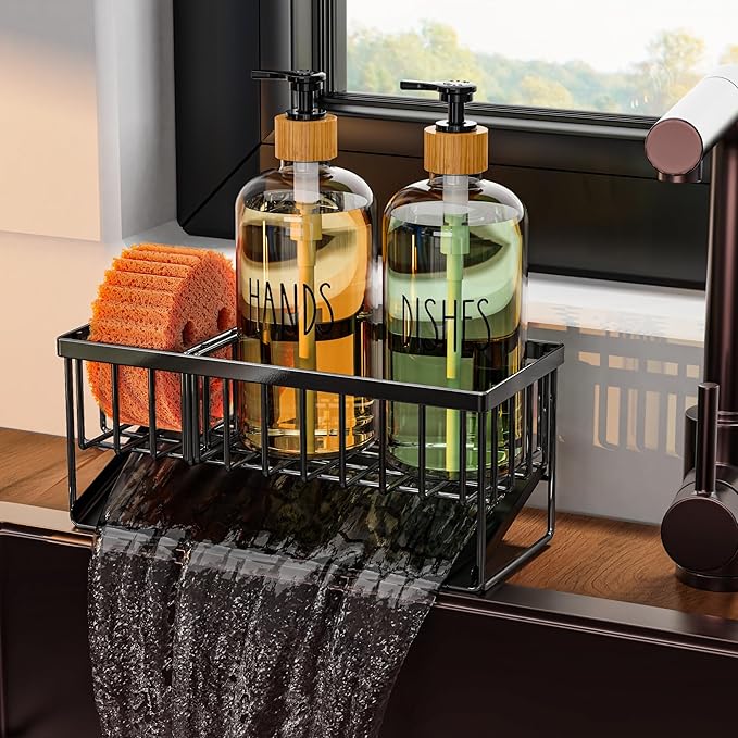 Cisily Kitchen Dish Soap Dispenser Set with Black Sponge Holder and 2 Pack 16.9oz Clear Glass, Dish Soap Dispensers for Kitchen Sink, Vintage Hand and Dish Soap Dispensers Set - Image 9