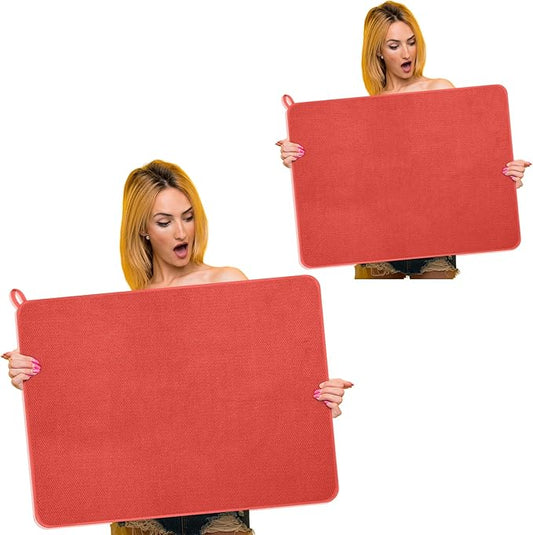 Hushee 2 Pack Extra Large Dish Drying Mat Microfiber Absorbent Dish Drying Pad Large Size Dishes Drainer Mats for Countertop, Sink, Refrigerator or Dryer (30 x 24 Inch,Red) by Hushee