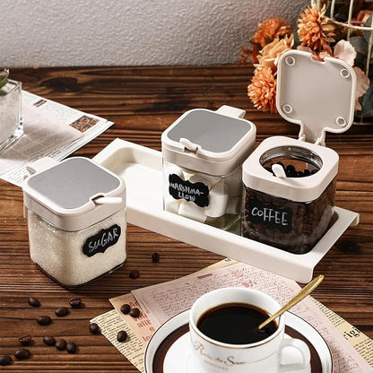 Suclain 3 Pcs Glass Coffee Containers Coffee Station Organizer Set, Airtight Bean Storage Jars with Shelf,labels,spoon, Base and Pen,for Sugar, Candy, Oats, Nuts(White) - Image 2