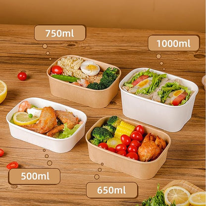 DI QIU REN 50-Pack 29oz Disposable Meal Prep Containers with Lids & Forks, Kraft Paper Bowls To Go Take Out Food Containers with Lids, Microwave & Freezer Safe (White Kraft Paper, 29oz 50 Count)