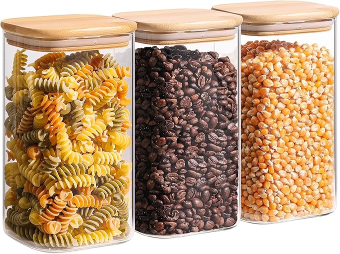 ComSaf 1.4 Qt Glass Storage Containers with Lids, Glass Jars with Lids, Clear Food Storage Jar, Square Canister Set of 3, Pantry Organizers and Storage for Flour Oat Pasta Tea Cookie Coffee Bean by ComSaf