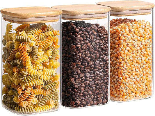 ComSaf 1.4 Qt Glass Storage Containers with Lids, Glass Jars with Lids, Clear Food Storage Jar, Square Canister Set of 3, Pantry Organizers and Storage for Flour Oat Pasta Tea Cookie Coffee Bean by ComSaf