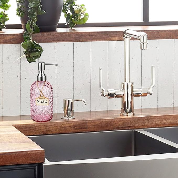 16 oz Soap Dispenser with 304 Rustproof Stainless Steel Pump, Kitchen, Bathroom Refillable Glass Liquid Soap Dispenser for Hand Soap, Soap, Lotion. (Pink) - Image 4