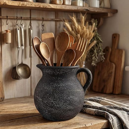 Potchen Rustic Kitchen Utensil Holder with Handle,7.48" H Ceramic Vintage Utensil Crock for Countertop, Farmhouse Kitchen Decoration Ceramic Pot for Spatulas Spoons Tongs(Classic,Antique Black Gold) - Image 2