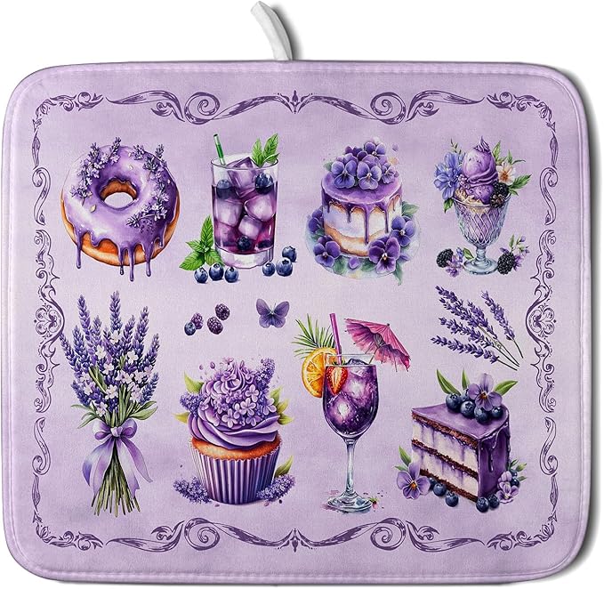 Purple Dish Drying Mats for Kitchen Counter Washable Drying Pad Absorbent Coffee Mat - Delicious Afternoon Tea by Giwawa