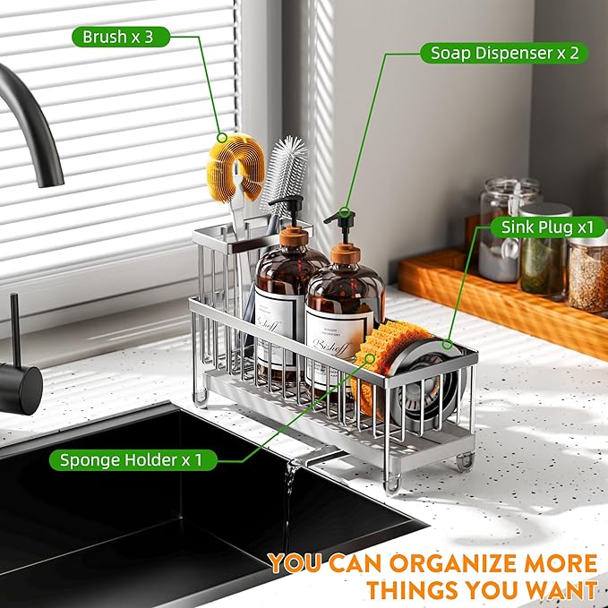 Cisily Sponge Holder for Kitchen Sink, Sink Caddy Organizer with High Brush Holder, Kitchen Countertop Organizers and Storage Essentials, Rustproof 304 Stainless Steel (Silver, 10.62″) - Image 6